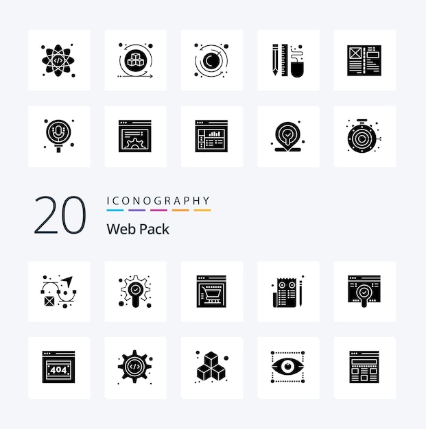 20 Web Pack Effen glyph-pictogram Pack-achtige foutfoutpagina vind webwinkel zoek web