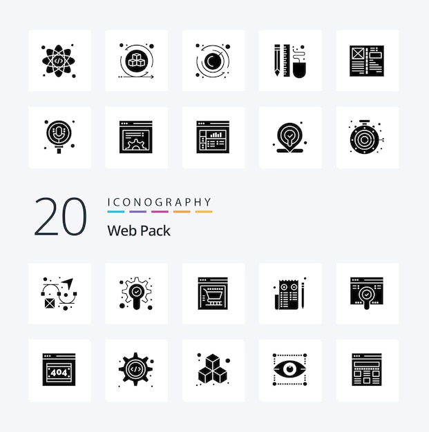 20 web pack effen glyph-pictogram pack-achtige foutfoutpagina vind webwinkel zoek web