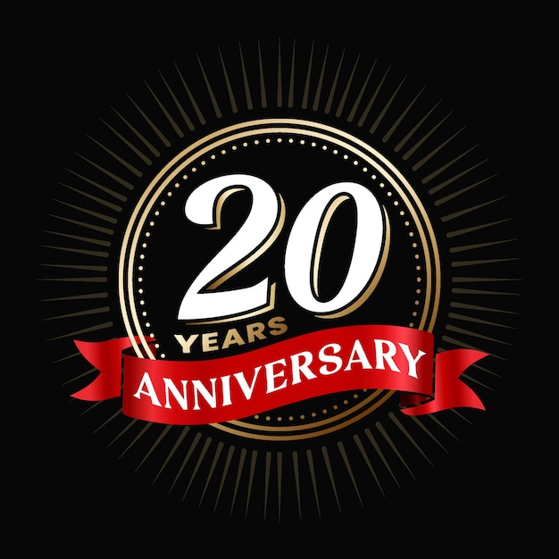 Vector 20 years anniversary logo design with red color ribbon and gold shiny circle celebration elements