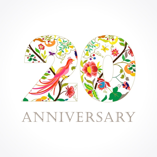 Vector 20 years old, luxurious celebrating folk logo. colored 20th happy anniversary greetings template.