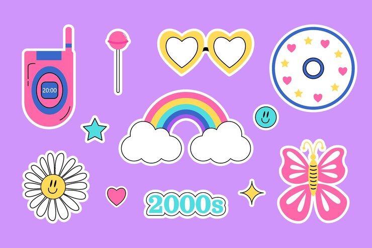 2000 психоделический набор наклеек Y2k vibes elements Cartoon vector illustration