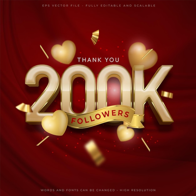 200k grazie ai follower e agli abbonati dei social media con effetto stile oro carattere modificabile