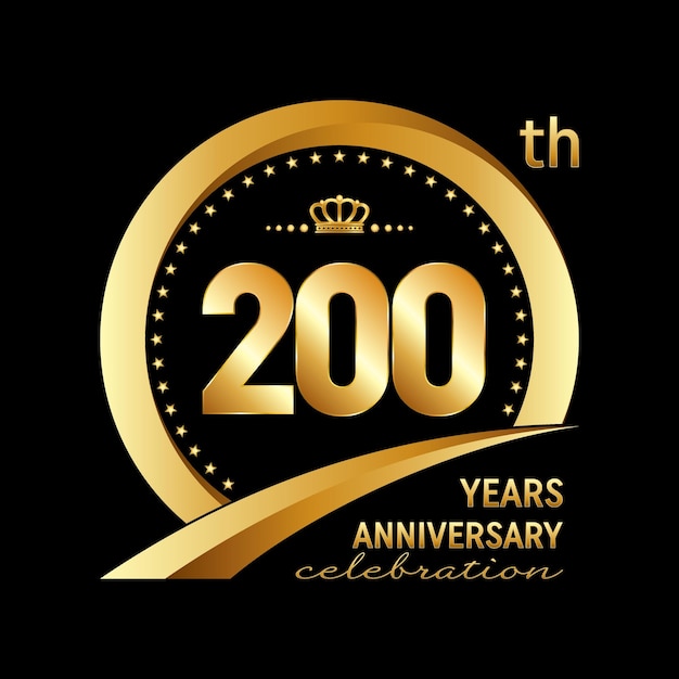200주년 기념 행사 초대 결혼식 인사말 카드 배너 포스터 전단지 브로셔 로고 벡터 템플릿을 위한 황금 반지와 왕관이 있는 200주년 기념 로고 디자인