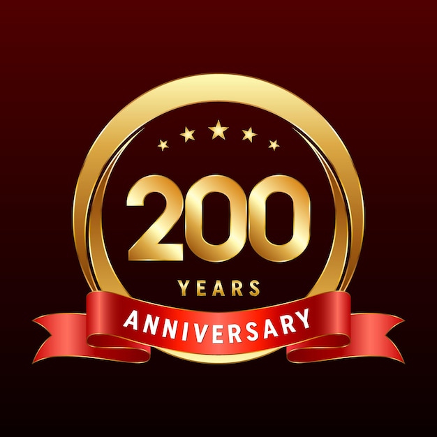 ゴールデン リングと赤いリボンの 200 周年記念ロゴ デザイン ロゴ ベクトル テンプレート イラスト