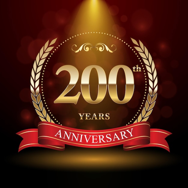 200th anniversary logo design with Laurel wreath and red ribbon Logo Vector Template