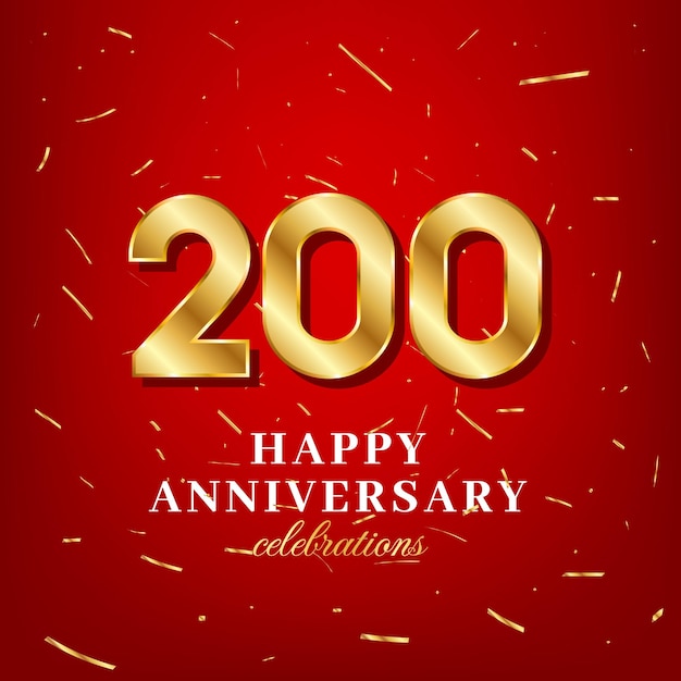 200th anniversary vector template with a golden number and golden confetti spread on a red background