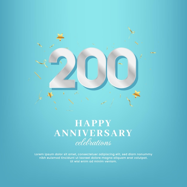 Vector 200th anniversary vector template with a white number and confetti spread on a gradient background