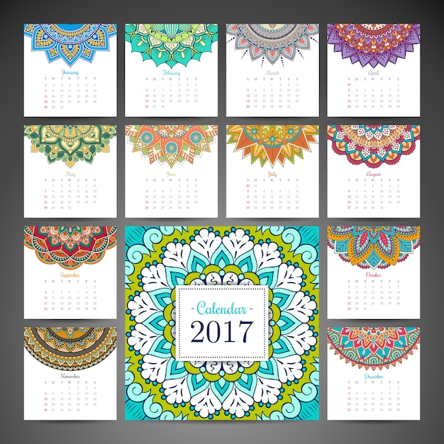 2017 calendar with mandalas