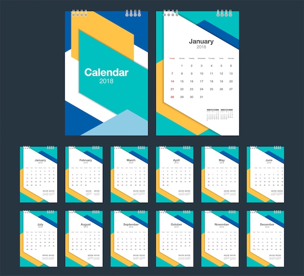 Vector 2018 calendar. desk calendar modern design template. week starts sunday.