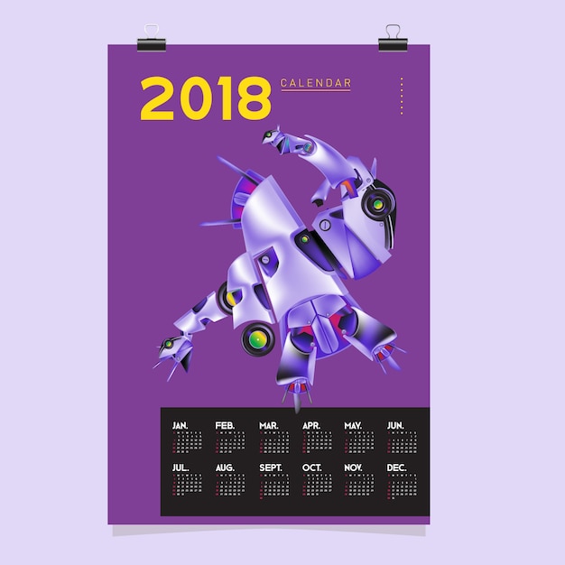 2018 Calendar Template with Robot Design Illustration