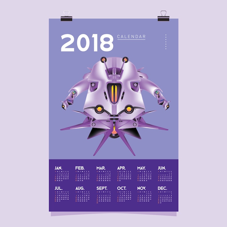 Vector 2018 calendar template with robot design illustration