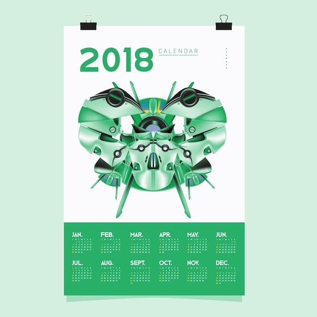 Vector 2018 calendar template with robot design illustration