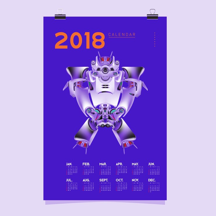 Vector 2018 calendar template with robot design illustration