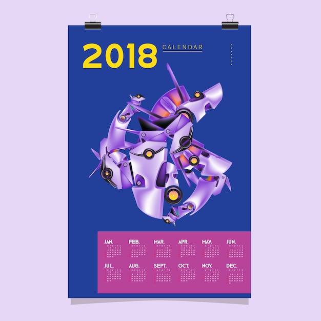 Vector 2018 calendar template with robot design illustration