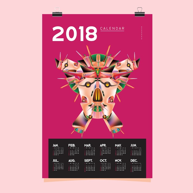 2018 Kalender Sjabloon Met Robot Ontwerp Illustratie