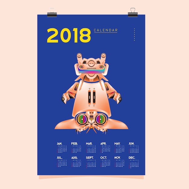2018 Kalender Sjabloon Met Robot Ontwerp Illustratie