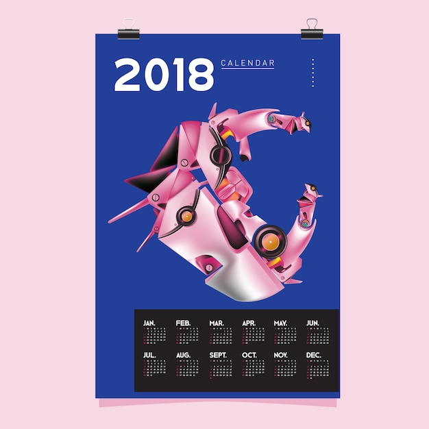 2018 Kalender Sjabloon Met Robot Ontwerp Illustratie