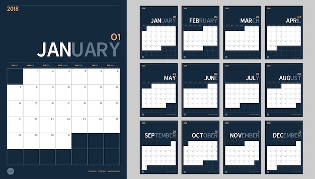 2018 new year calendar set in clean minimal table simple style and navy blue color