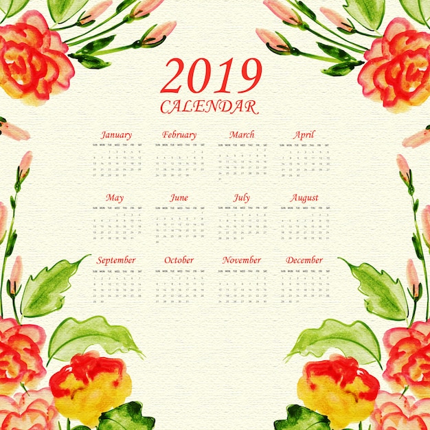 Calendario annuale 2019 con acquerello floreale e foglie