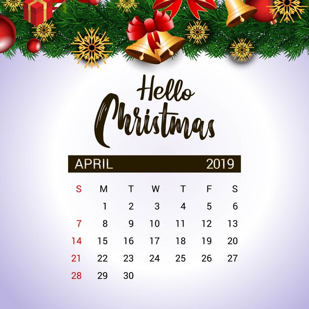 Vettore modello di progettazione del calendario 2019 aprile di natale o capodanno decorazione