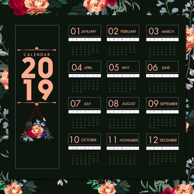 Vettore disegno floreale del calendario 2019