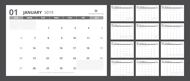 Vector 2019 calendar planner set for template design  starts week on sunday.