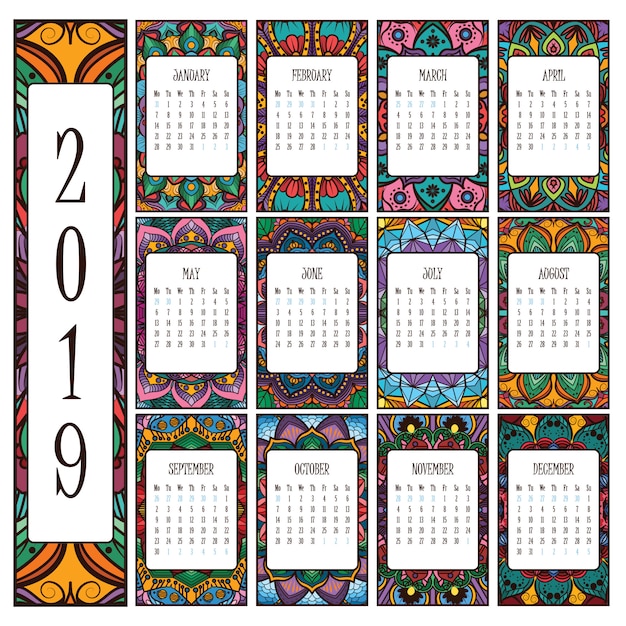 2019 calendar with beautiful intricate mandalas