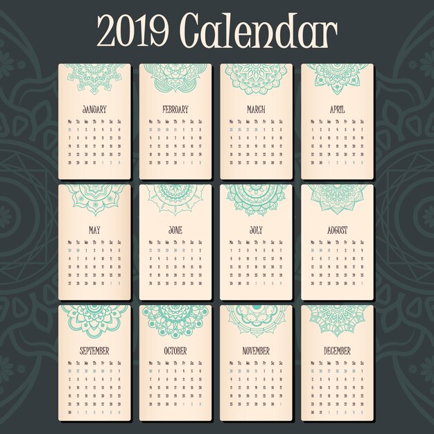 Calendario 2019 con bella intestazione mandala per ogni mese