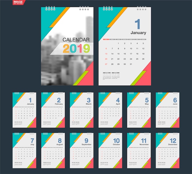 Vettore 2019 calendario colorato.