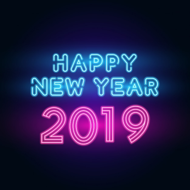 2019 Gelukkig Nieuwjaar. Tekstneon met heldere verlichting.