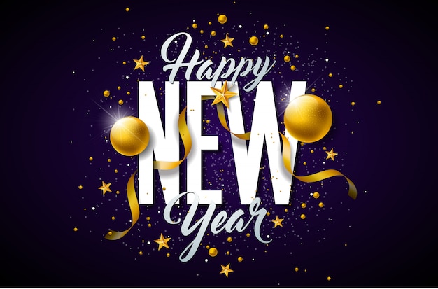 Vector 2019 happy new year illustration with typography lettering and christmas ball