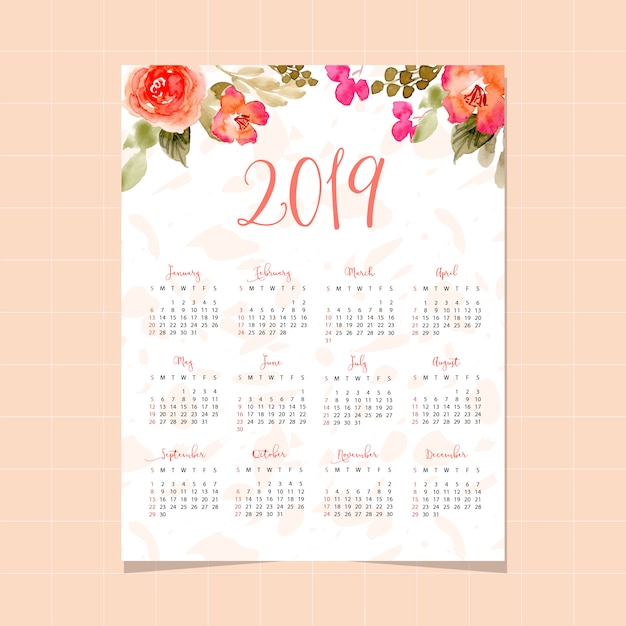 2019 kalender met mooie bloemenwaterverfachtergrond