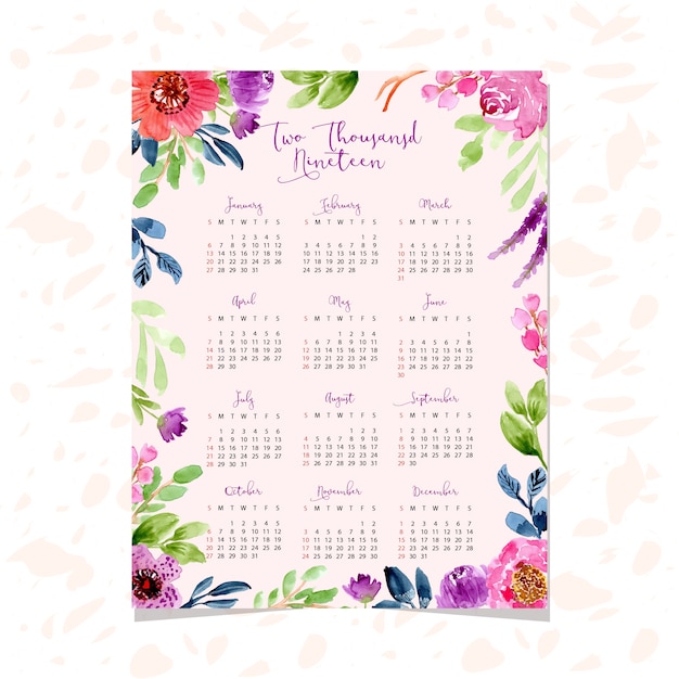 2019 kalender met mooie waterverf bloemenachtergrond