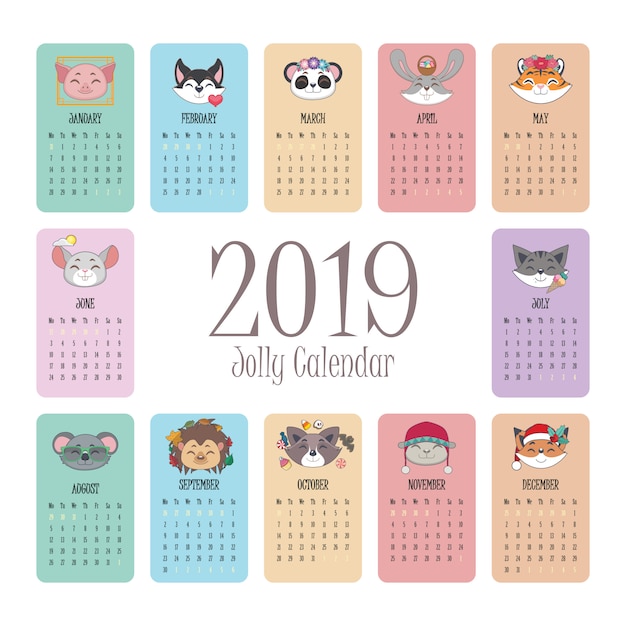 Vector 2019 kalender met vrolijke dierengezichten