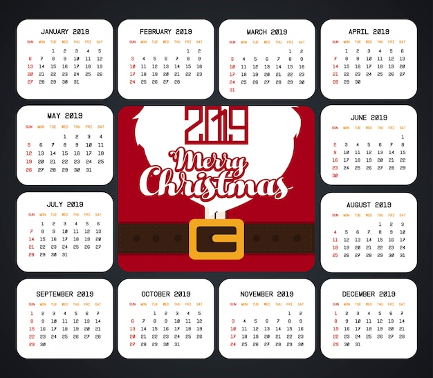 2019 kerstmis kalender ontwerp vector