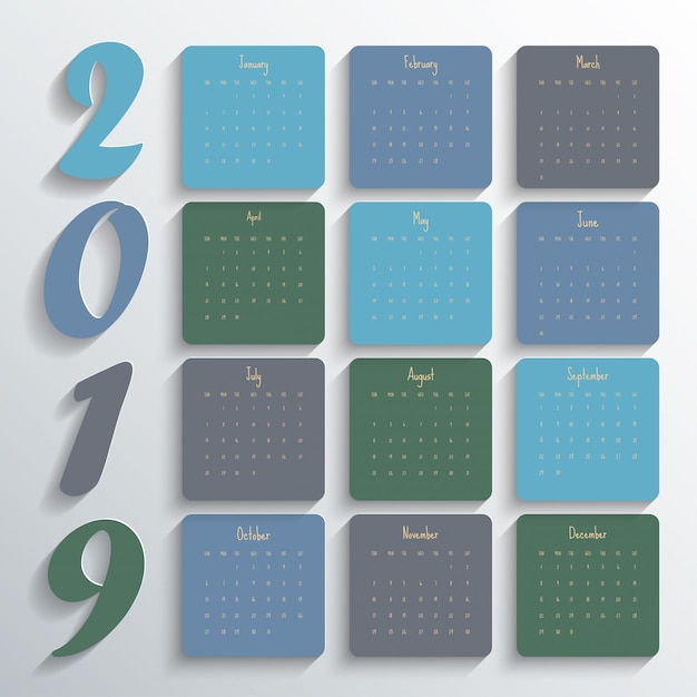 Vettore 2019 modello di calendario moderno