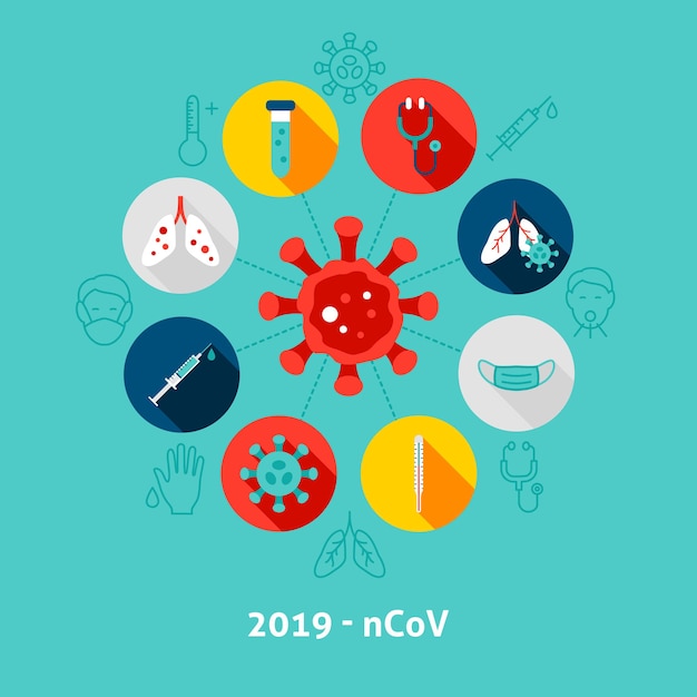 Иконки концепции ncov 2019. векторная иллюстрация круга медицинской инфографики с объектами.