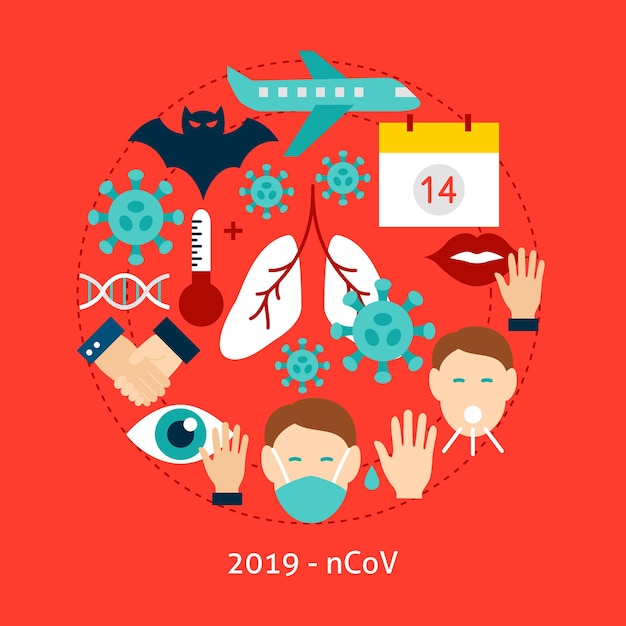 2019 nCoV Flat-concept. Vectorillustratie van medische Infographics cirkel met objecten.