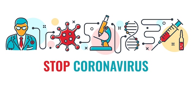 2019-nCoV-virusstam met banner voor vaccinproductieproces. quarantaine van het Wuhan-coronavirus. pandemische uitbraak van het coronavirus in china. geïsoleerde vectorillustratie