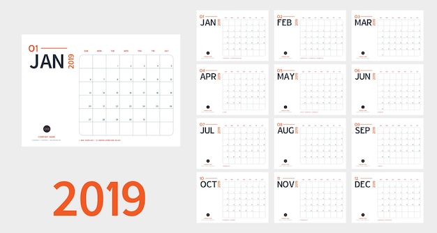 2019 calendario del nuovo anno in stile minimal pulito tavolo semplice e blu e arancione