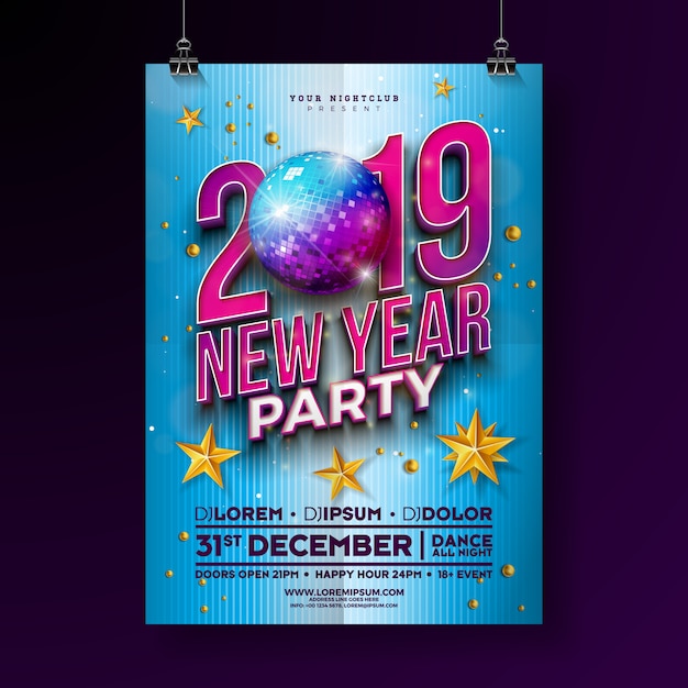 Vector 2019 nieuwjaars poster sjabloon met disco bal