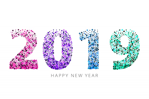 2019 numbers various colour glitter on white background.