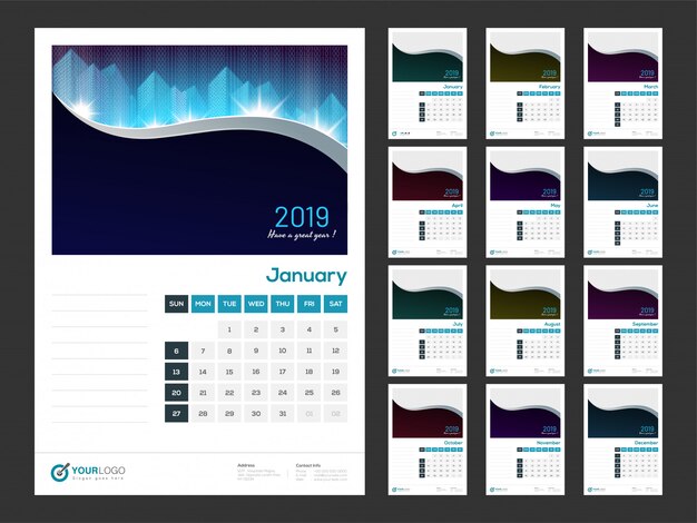 Vettore 2019 calendario annuale.