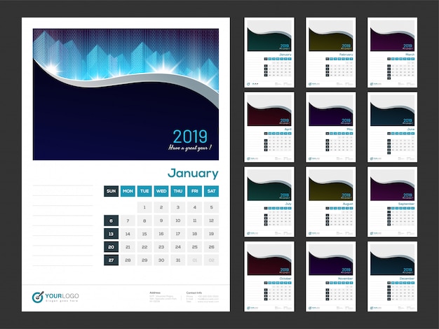 Vector 2019 yearly calendar.