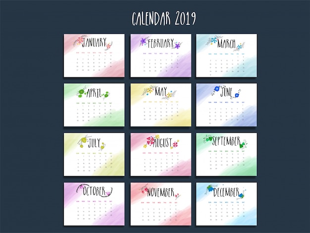 Vector 2019 yearly calendar.