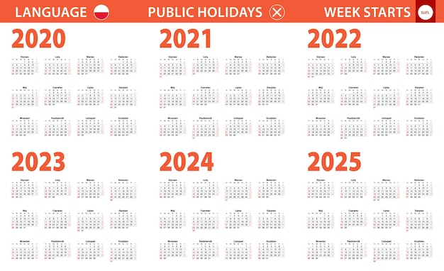 Календарь на 2020-2025 год на польском языке, неделя начинается с воскресенья.