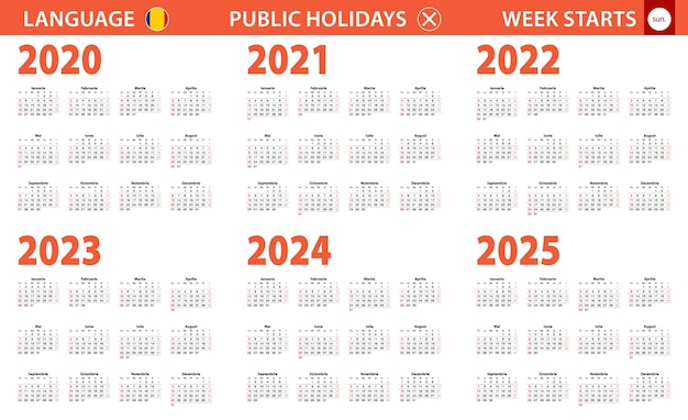 루마니아어로 된 2020-2025년 달력, 주는 일요일부터 시작합니다.