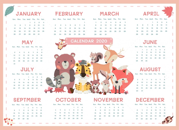 Vettore calendario 2020 a3 dimensioni carino minimalismo animale del bosco ogni anno