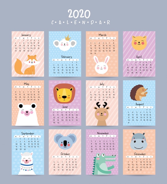 Vector 2020 calendar set with cute animals