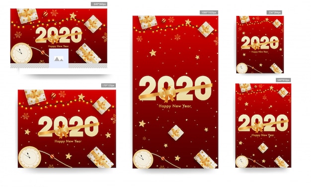 2020 gelukkig nieuwjaar banner met geschenkdozen, wandklok, gouden sterren en verlichting garland